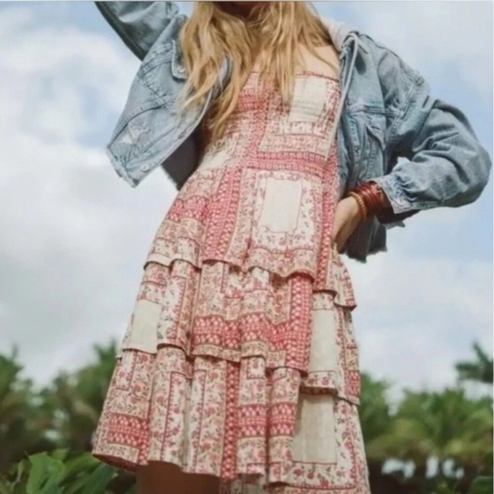 American Eagle Patchwork Printed Floral Smocked Tiered Mini Dress sz MED Boho